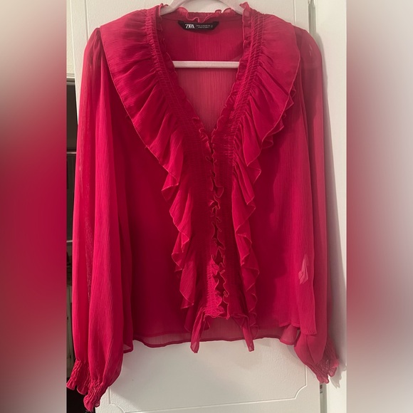Zara Red Ruffled Tie Front Blouse NWOT - Picture 2 of 5